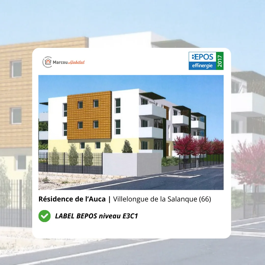 Résidence de l’Auca Villelongue de la Salanque (66) LABEL BEPOS niveau E3C1 obtenu pour la construction de la Résidence de l'Auca - Villelongue de la Salanque (66)