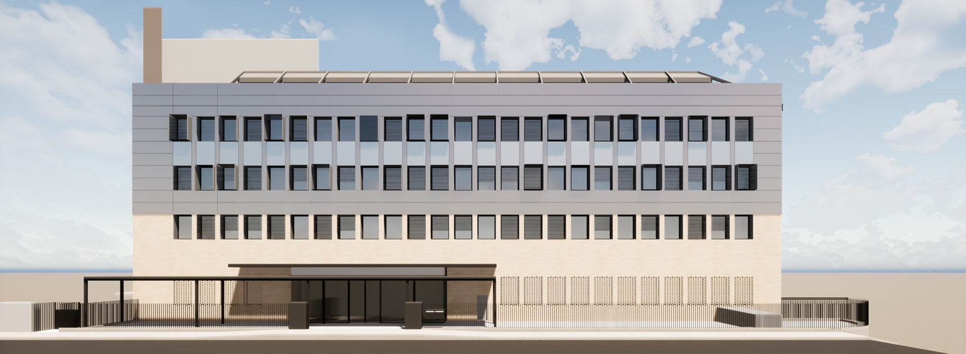 Visuel façade sud bâtiment de la CPAM de Perpignan - Rénovation et isolation des façades