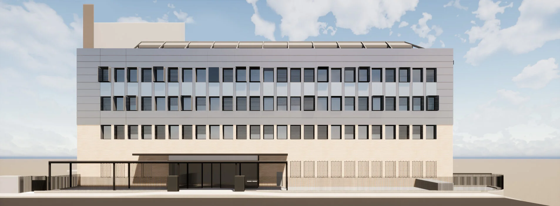Visuel façade sud bâtiment de la CPAM de Perpignan - Rénovation et isolation des façades